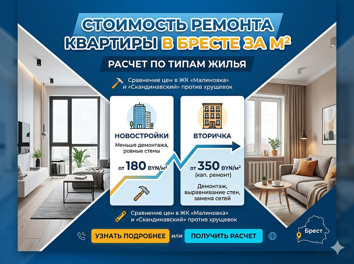 Стоимость ремонта квартиры в Бресте за м²: расчет по типам жилья