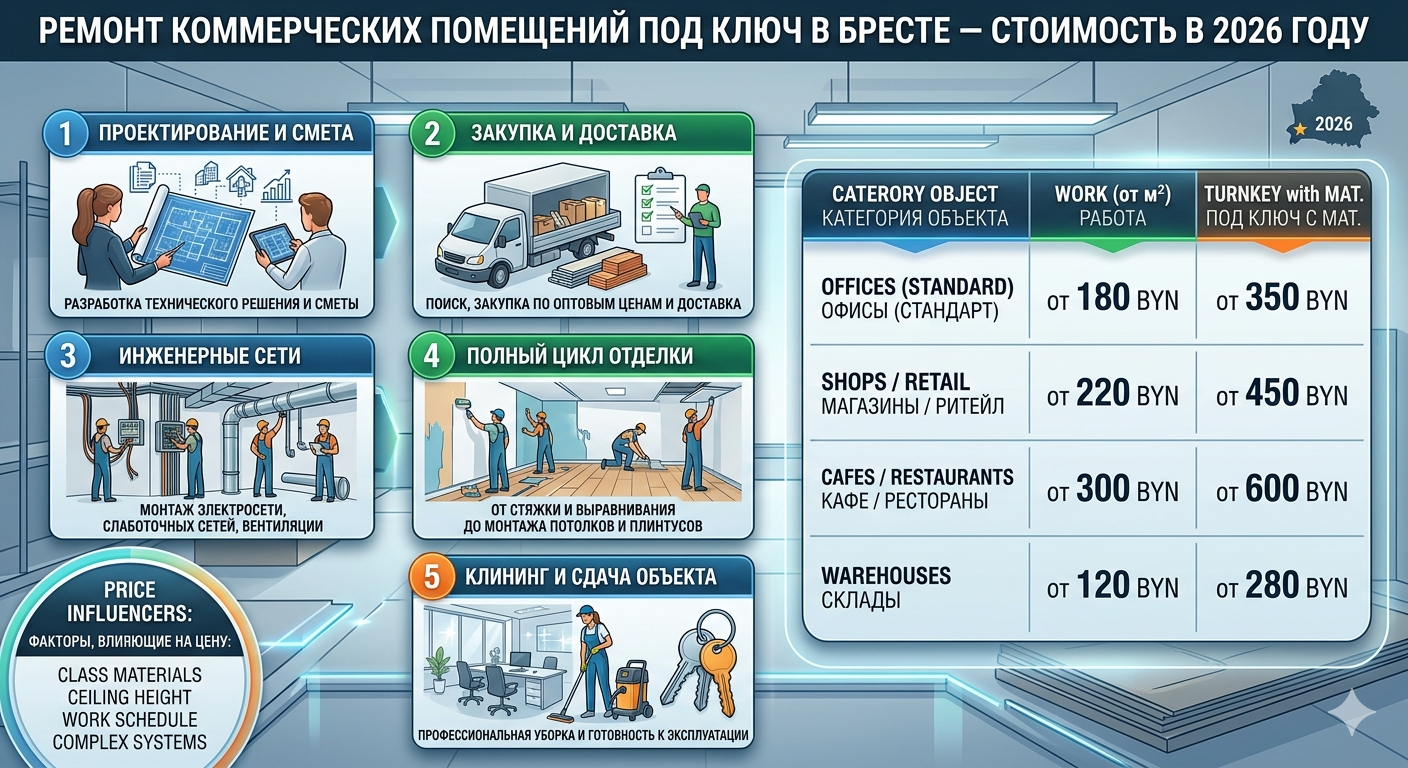 Ремонт под ключ в Бресте коммерческих помещений — стоимость в 2026 году